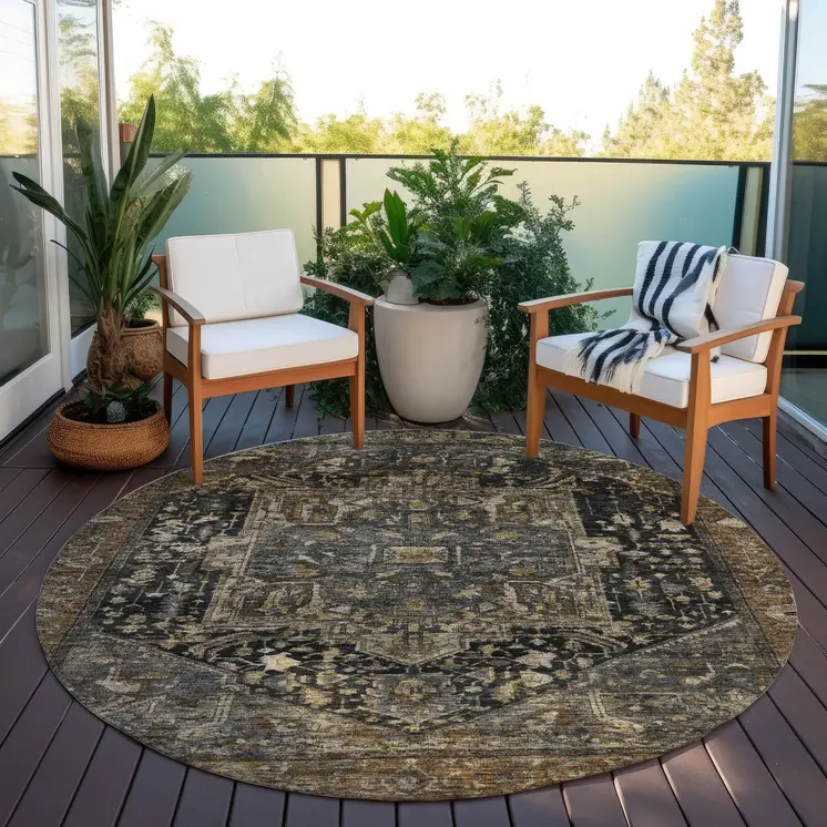 8' Brown Round Medallion Washable Indoor Outdoor Area Rug