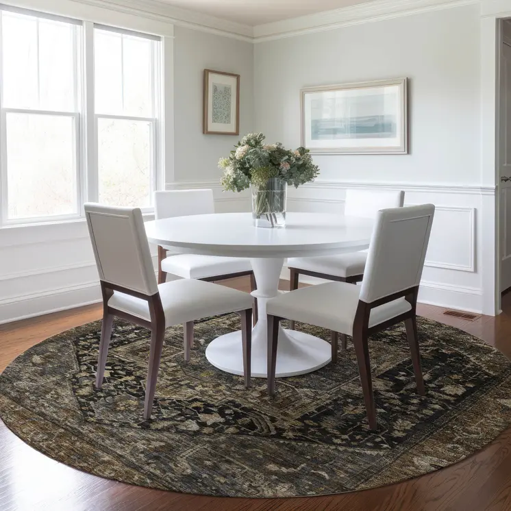 8' Brown Round Medallion Washable Indoor Outdoor Area Rug