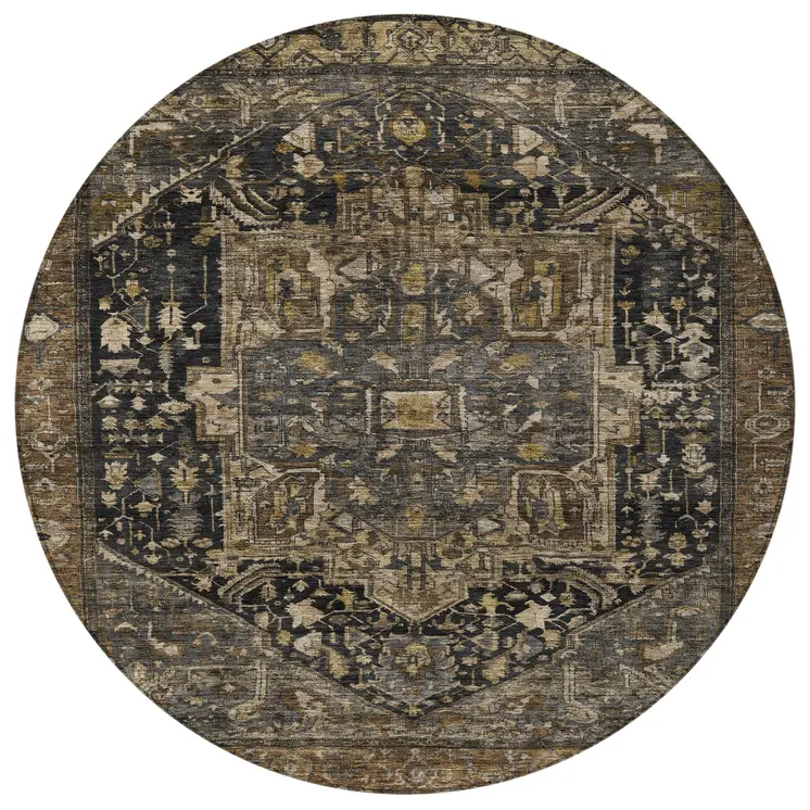 8' Brown Round Medallion Washable Indoor Outdoor Area Rug