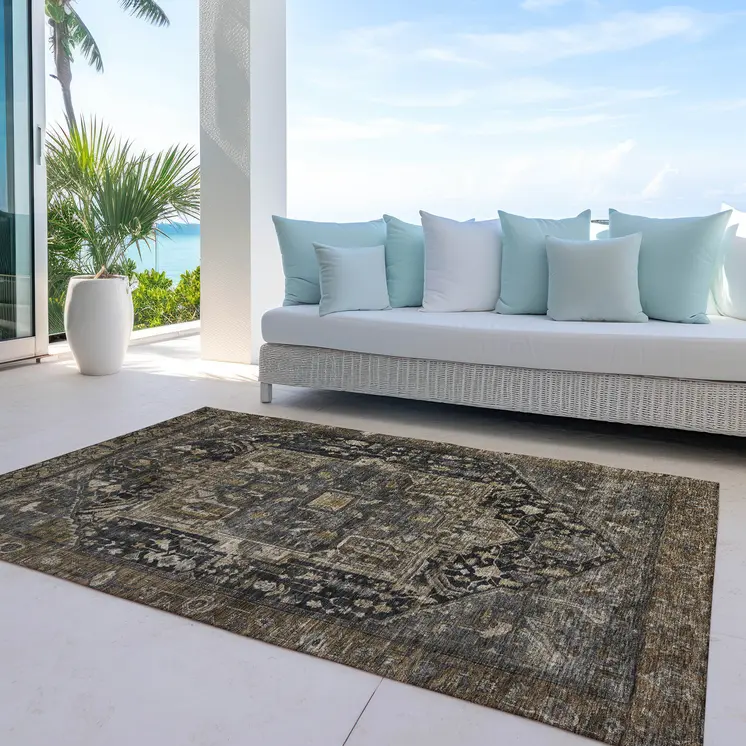 8' X 10' Brown Medallion Washable Indoor Outdoor Area Rug