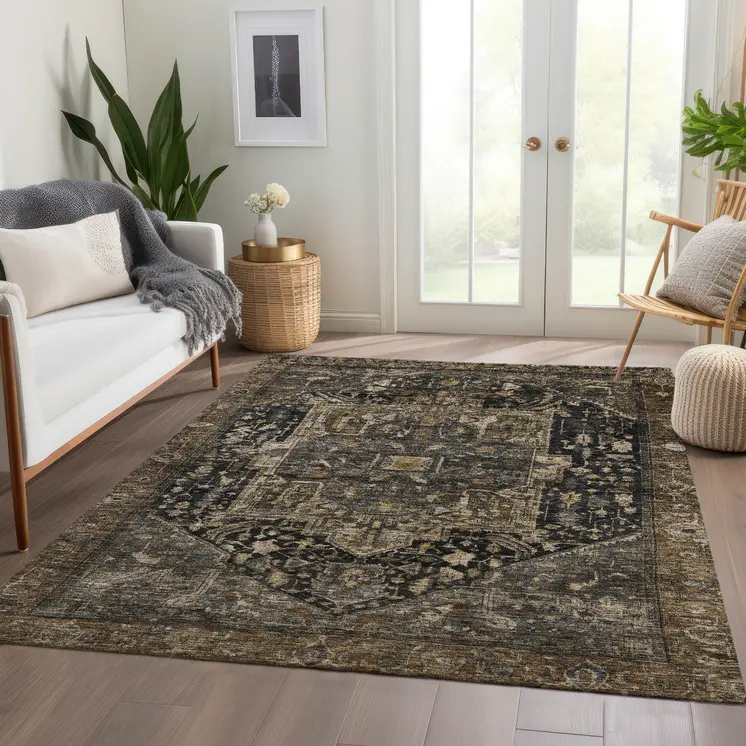 9' X 12' Brown Medallion Washable Indoor Outdoor Area Rug