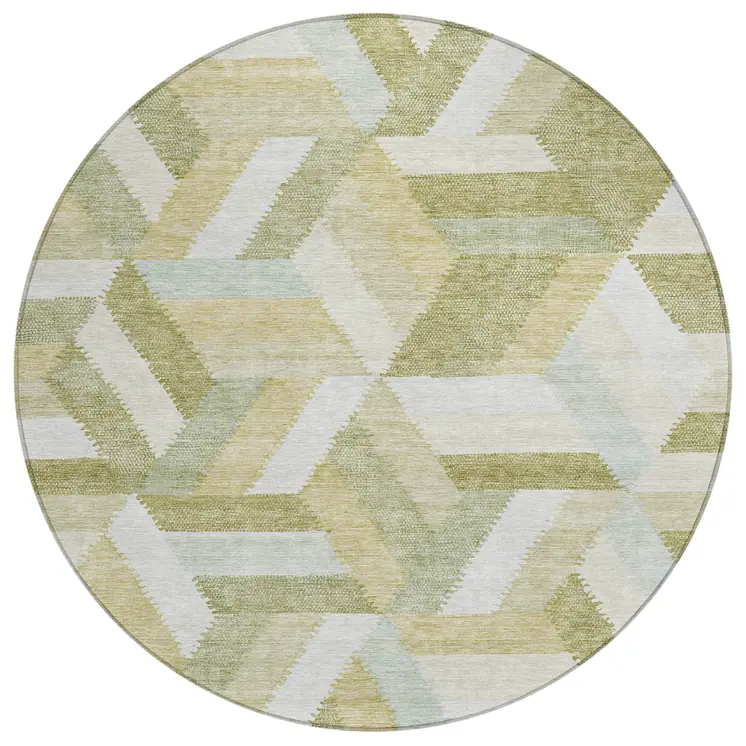8' Artichoke Green Round Geometric Washable Indoor Outdoor Area Rug
