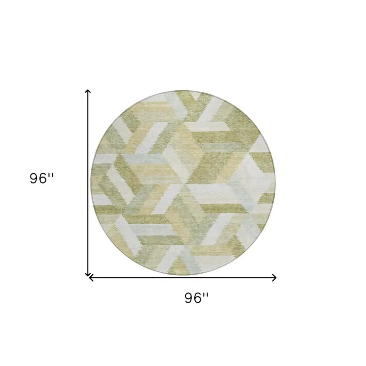 8' Artichoke Green Round Geometric Washable Indoor Outdoor Area Rug