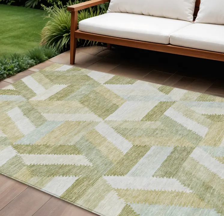 8' X 10' Artichoke Green Geometric Washable Indoor Outdoor Area Rug