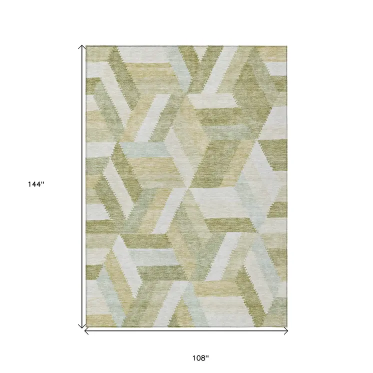 9' X 12' Artichoke Green Geometric Washable Indoor Outdoor Area Rug
