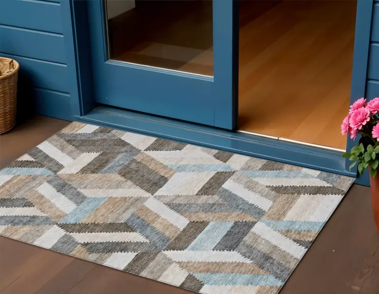 3' X 5' Brown Geometric Washable Indoor Outdoor Area Rug