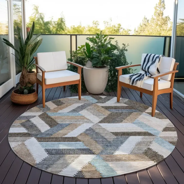 8' Brown Round Geometric Washable Indoor Outdoor Area Rug