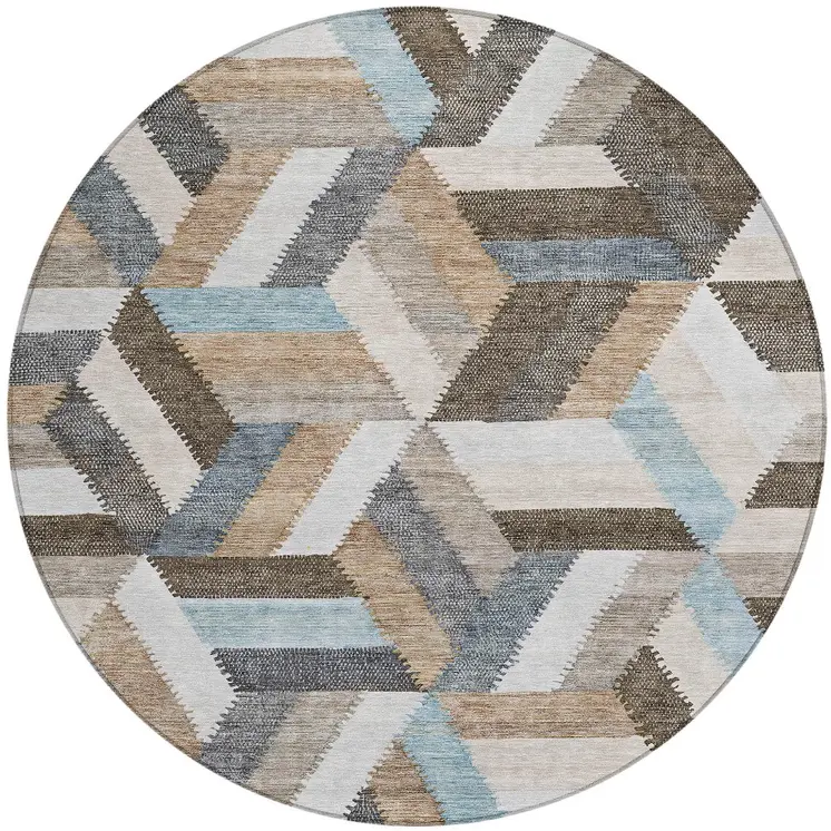 8' Brown Round Geometric Washable Indoor Outdoor Area Rug