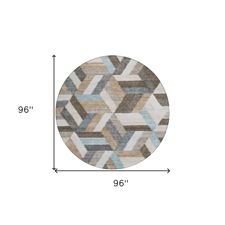 8' Brown Round Geometric Washable Indoor Outdoor Area Rug