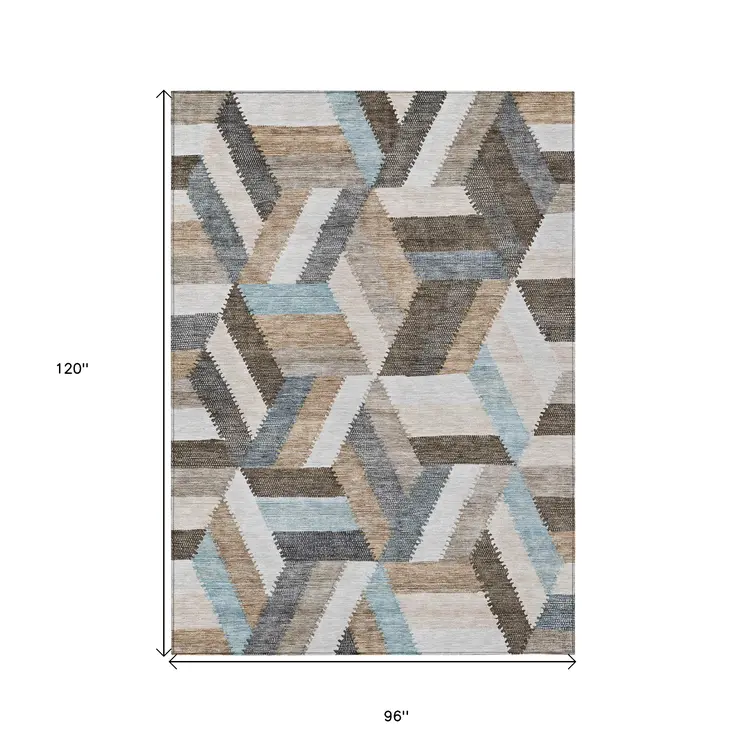 8' X 10' Brown Geometric Washable Indoor Outdoor Area Rug