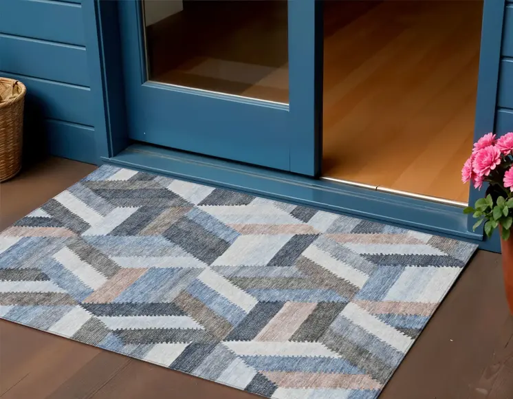 3' X 5' Blue Geometric Washable Indoor Outdoor Area Rug
