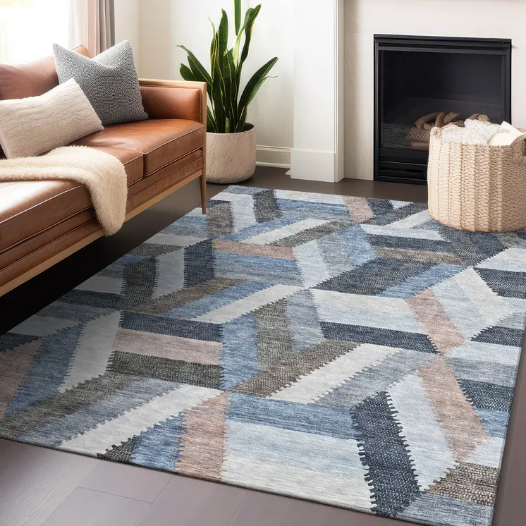 3' X 5' Blue Geometric Washable Indoor Outdoor Area Rug