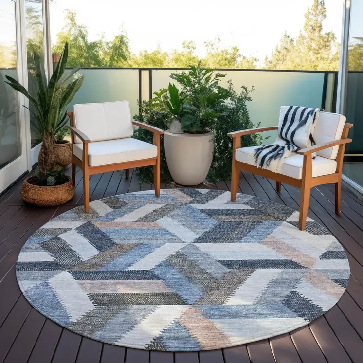 8' Blue Round Geometric Washable Indoor Outdoor Area Rug