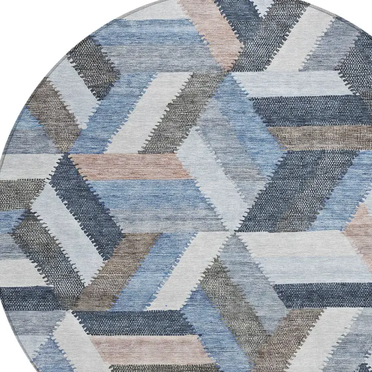 8' Blue Round Geometric Washable Indoor Outdoor Area Rug