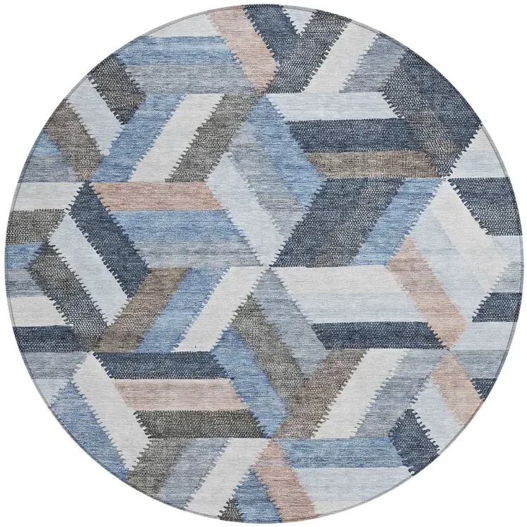 8' Blue Round Geometric Washable Indoor Outdoor Area Rug