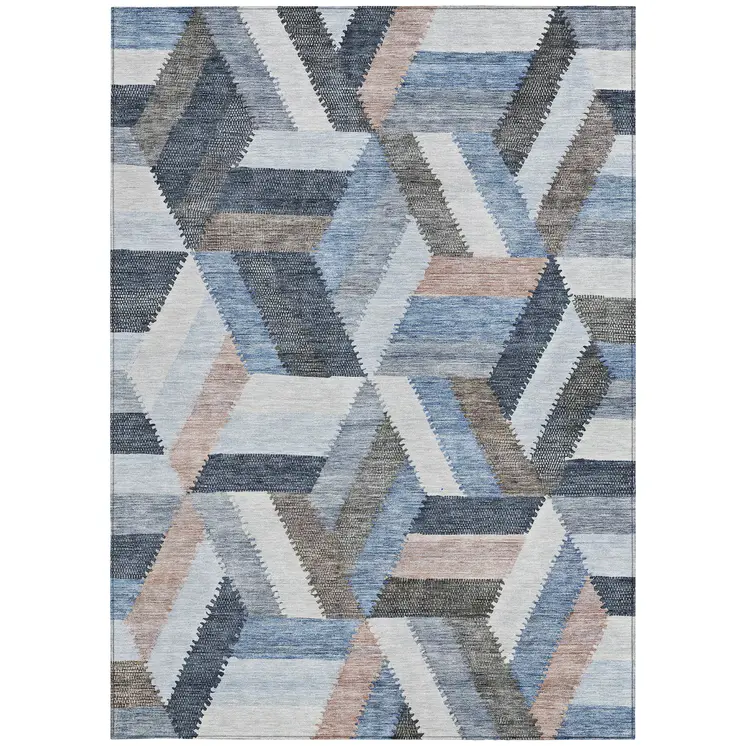 9' X 12' Blue Geometric Washable Indoor Outdoor Area Rug