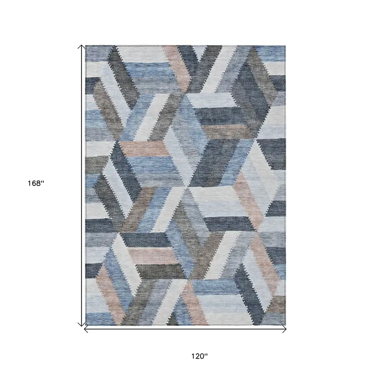 10' X 14' Blue Geometric Washable Indoor Outdoor Area Rug