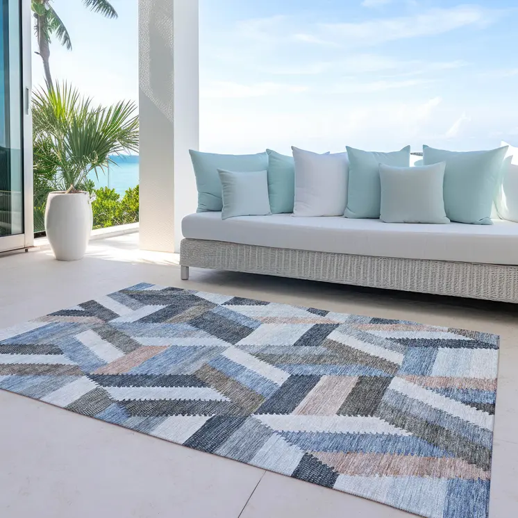 10' X 14' Blue Geometric Washable Indoor Outdoor Area Rug