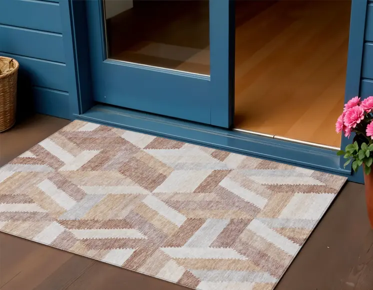 3' X 5' Copper Geometric Washable Indoor Outdoor Area Rug