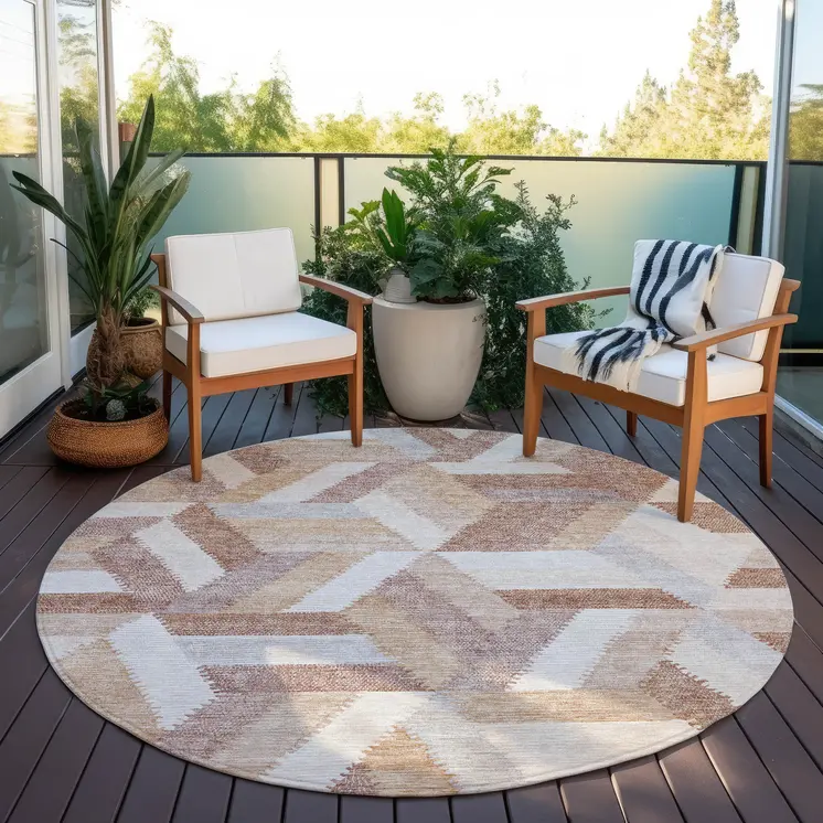 8' Copper Round Geometric Washable Indoor Outdoor Area Rug