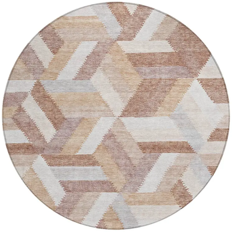 8' Copper Round Geometric Washable Indoor Outdoor Area Rug