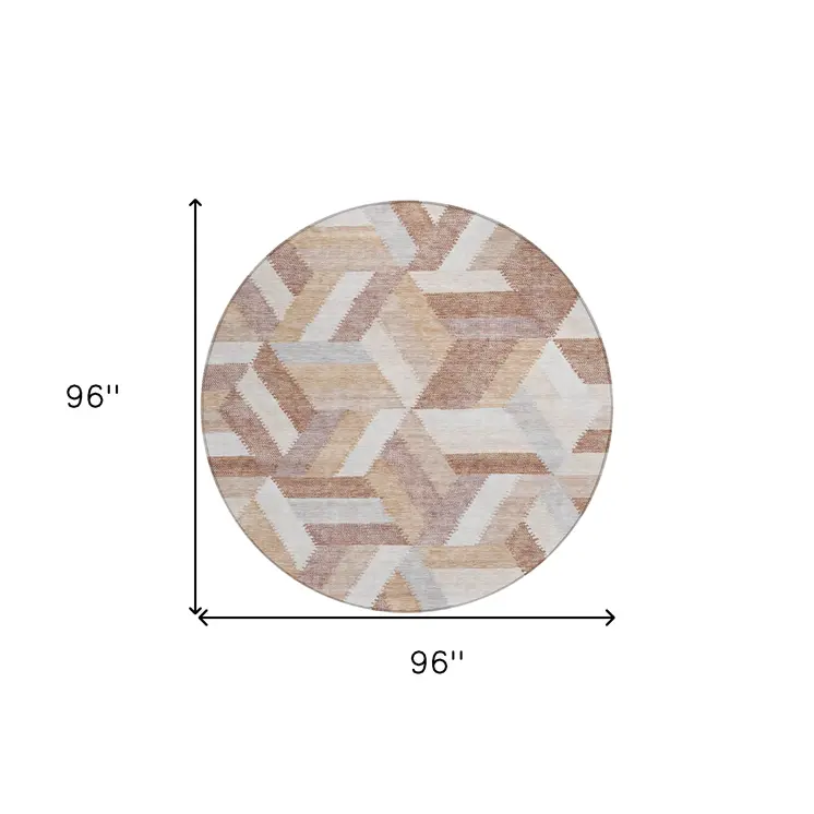 8' Copper Round Geometric Washable Indoor Outdoor Area Rug