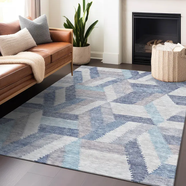 3' X 5' Denim Blue Geometric Washable Indoor Outdoor Area Rug