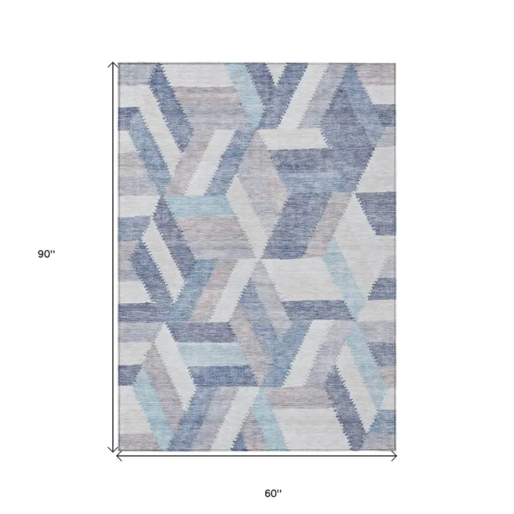 5' X 8' Denim Blue Geometric Washable Indoor Outdoor Area Rug