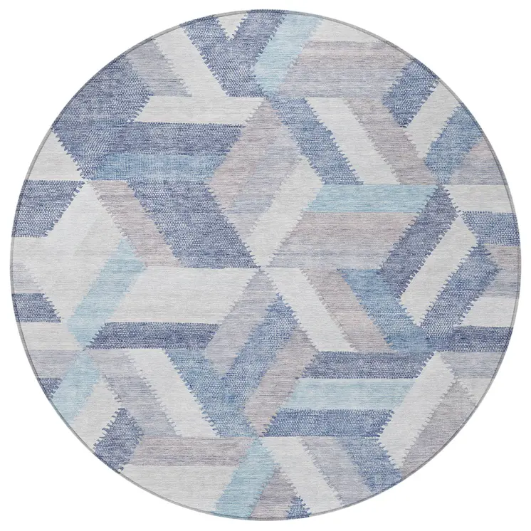 8' Denim Blue Round Geometric Washable Indoor Outdoor Area Rug
