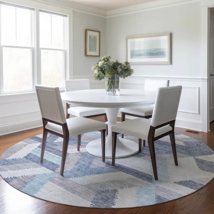 8' Denim Blue Round Geometric Washable Indoor Outdoor Area Rug