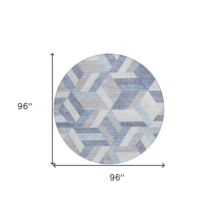 8' Denim Blue Round Geometric Washable Indoor Outdoor Area Rug