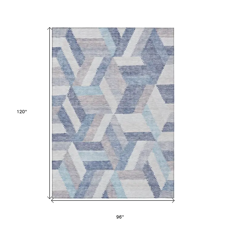 8' X 10' Denim Blue Geometric Washable Indoor Outdoor Area Rug