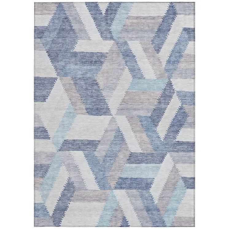 9' X 12' Denim Blue Geometric Washable Indoor Outdoor Area Rug