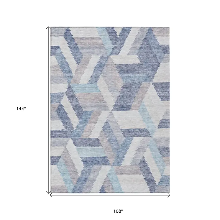 9' X 12' Denim Blue Geometric Washable Indoor Outdoor Area Rug