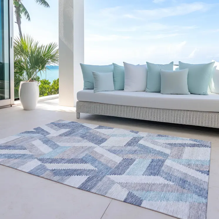 9' X 12' Denim Blue Geometric Washable Indoor Outdoor Area Rug