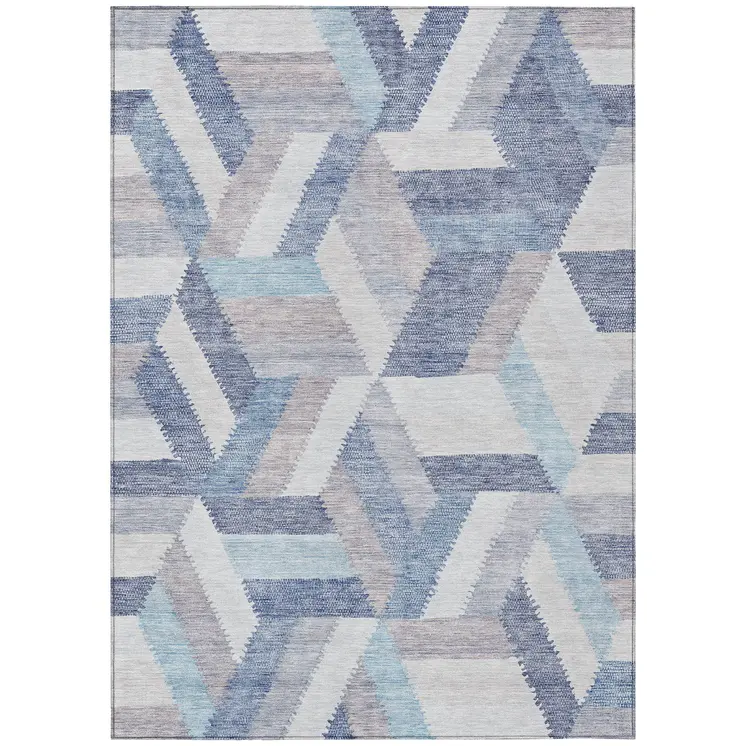 9' X 12' Denim Blue Geometric Washable Indoor Outdoor Area Rug