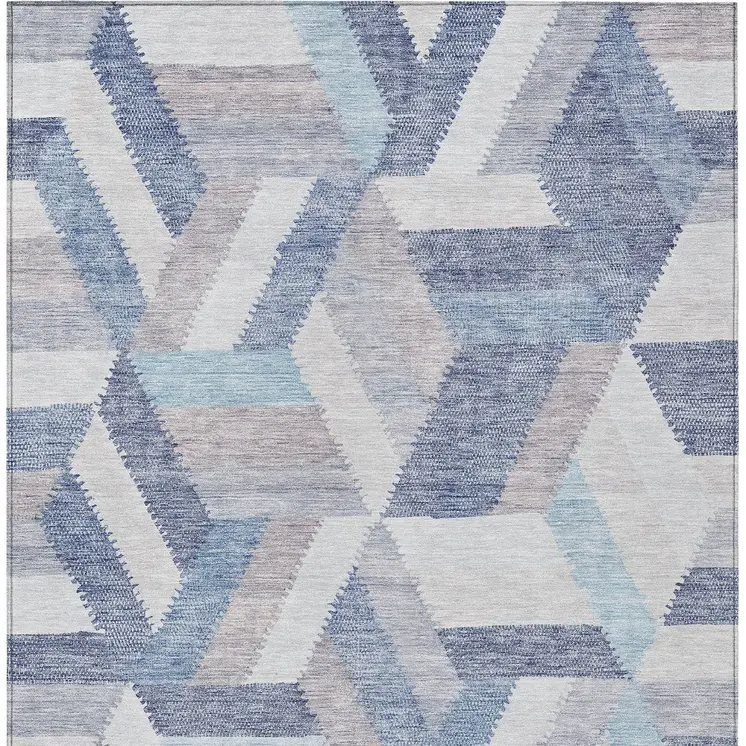 9' X 12' Denim Blue Geometric Washable Indoor Outdoor Area Rug