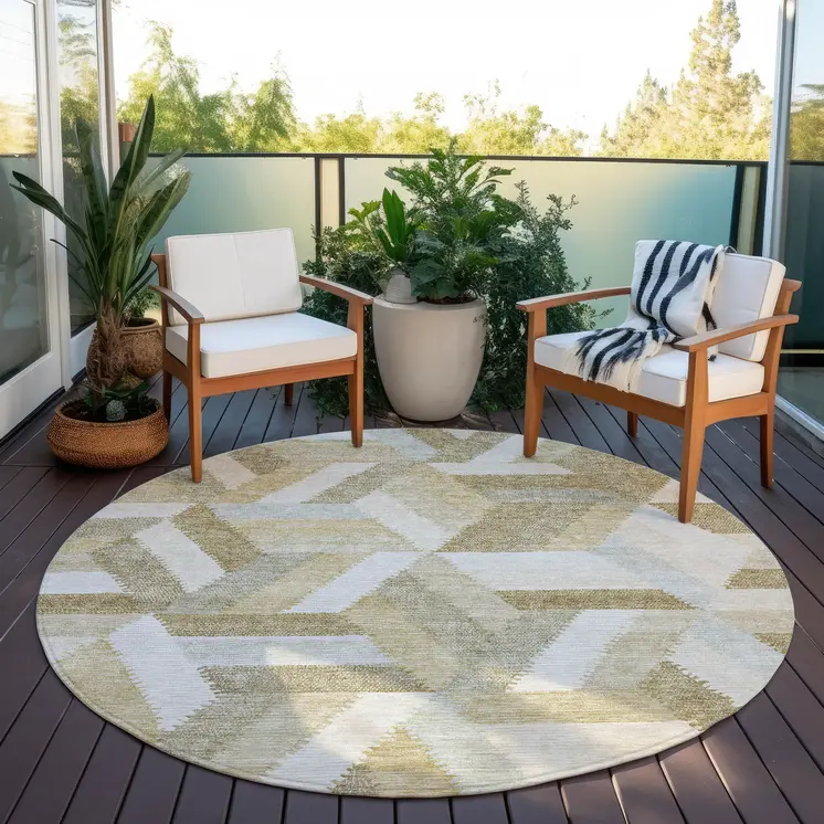 8' Tan Round Geometric Washable Indoor Outdoor Area Rug