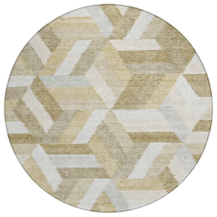 8' Tan Round Geometric Washable Indoor Outdoor Area Rug