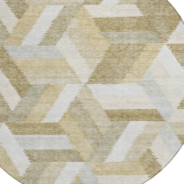 8' Tan Round Geometric Washable Indoor Outdoor Area Rug