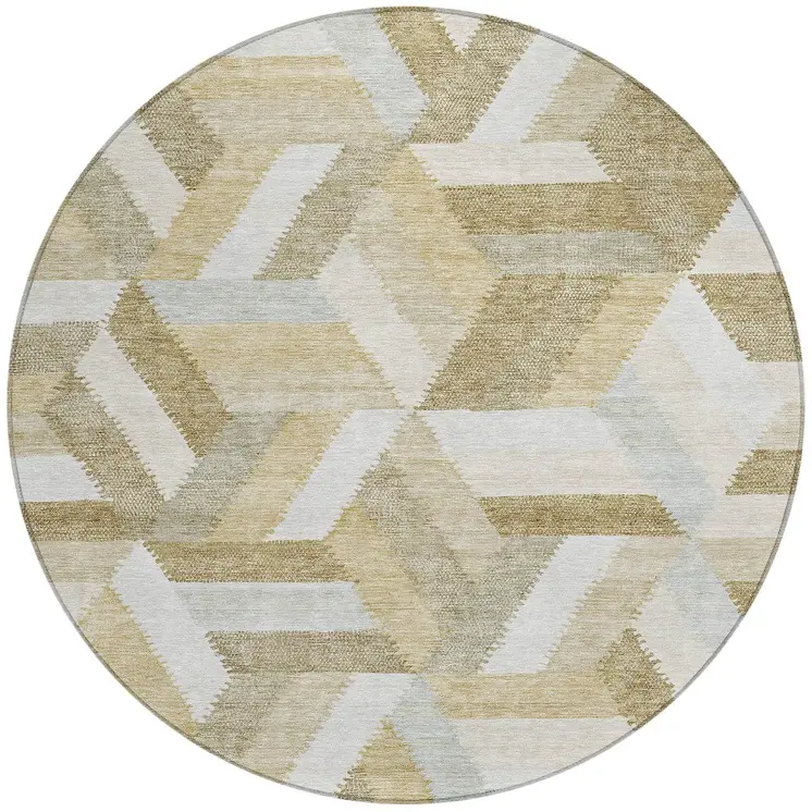 8' Tan Round Geometric Washable Indoor Outdoor Area Rug