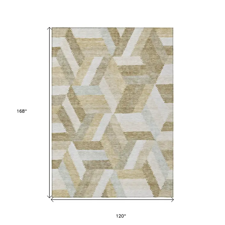 10' X 14' Tan Geometric Washable Indoor Outdoor Area Rug