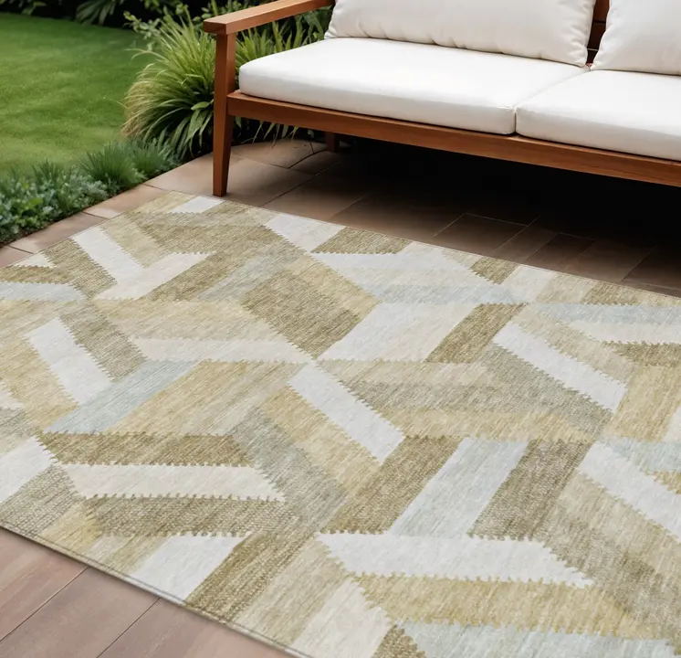 10' X 14' Tan Geometric Washable Indoor Outdoor Area Rug