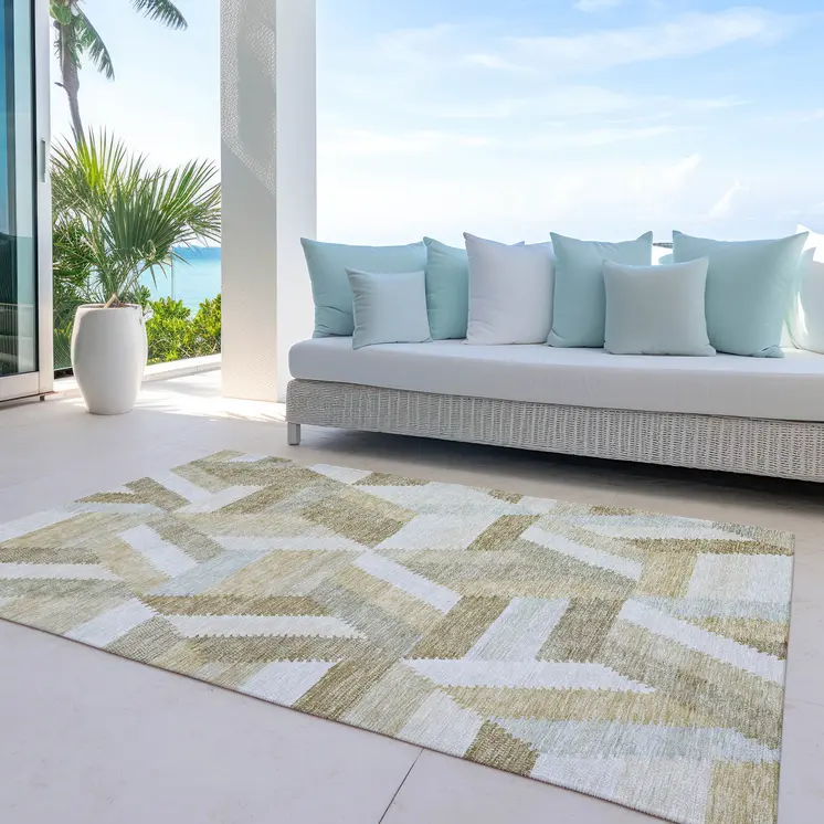 10' X 14' Tan Geometric Washable Indoor Outdoor Area Rug