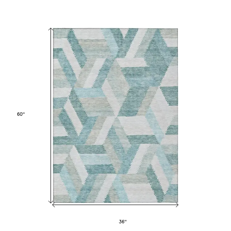 3' X 5' Teal Blue Geometric Washable Indoor Outdoor Area Rug