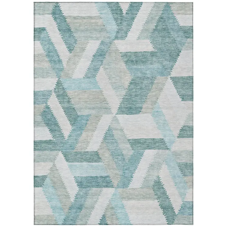 3' X 5' Teal Blue Geometric Washable Indoor Outdoor Area Rug