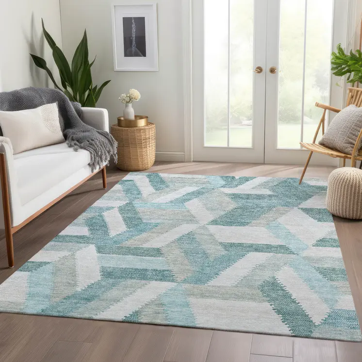 3' X 5' Teal Blue Geometric Washable Indoor Outdoor Area Rug