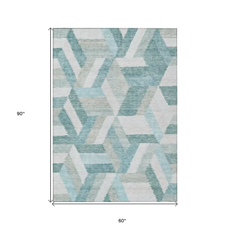 5' X 8' Teal Blue Geometric Washable Indoor Outdoor Area Rug