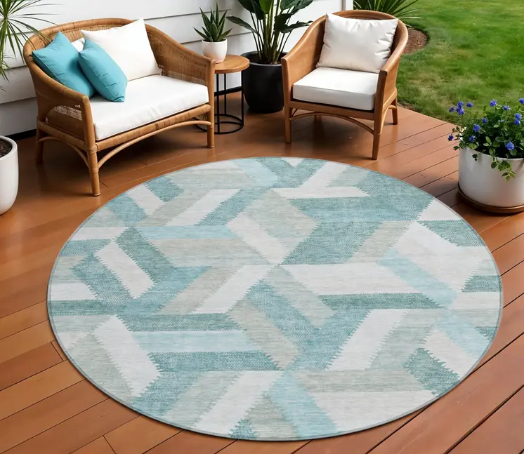 8' Teal Blue Round Geometric Washable Indoor Outdoor Area Rug