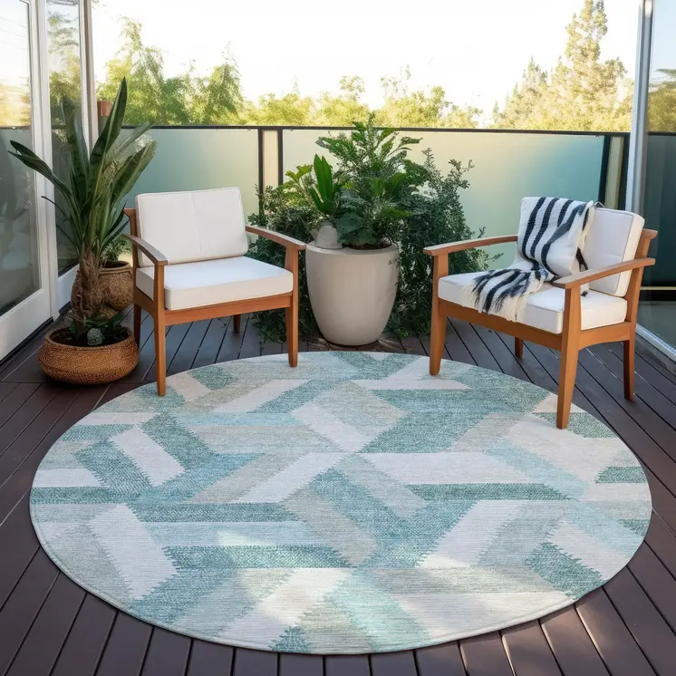 8' Teal Blue Round Geometric Washable Indoor Outdoor Area Rug